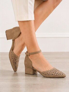 Nature Breeze Apex-01 Faux Suede D’Orsay Perforated Block Heel Beige Sandals